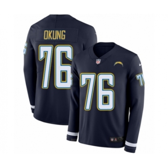 Men's Nike Los Angeles Chargers 76 Russell Okung Limited Navy Blue Therma Long Sleeve NFL Jersey