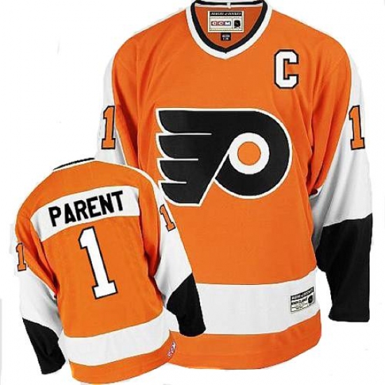 Men's CCM Philadelphia Flyers 1 Bernie Parent Authentic Orange Throwback NHL Jersey