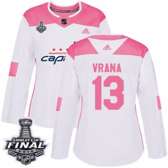 Women's Adidas Washington Capitals 13 Jakub Vrana Authentic White/Pink Fashion 2018 Stanley Cup Final NHL Jersey