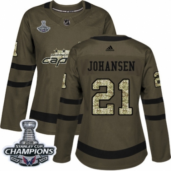 Women's Adidas Washington Capitals 21 Lucas Johansen Authentic Green Salute to Service 2018 Stanley Cup Final Champions NHL Jersey