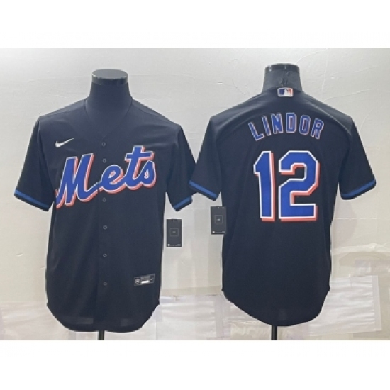 Men's New York Mets 12 Francisco Lindor Black Stitched MLB Cool Base Nike Jersey