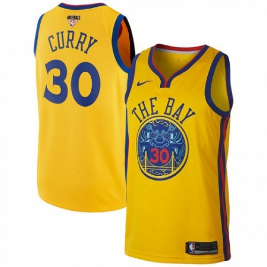 Men's Nike Golden State Warriors 30 Stephen Curry Authentic Gold 2018 NBA Finals Bound NBA Jersey - City Edition