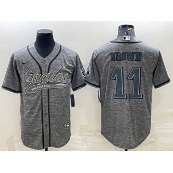 Men's Philadelphia Eagles 11 A. J. Brown Gray With Patch Cool Base Stitched Baseball Jersey