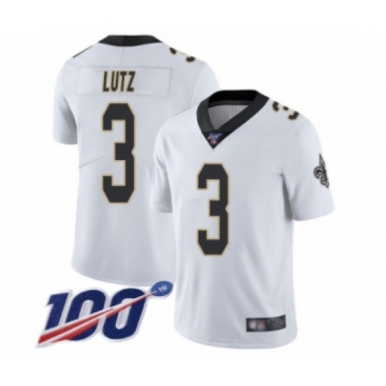 Men's New Orleans Saints 3 Wil Lutz White Vapor Untouchable Limited Player 100th Season Football Jersey