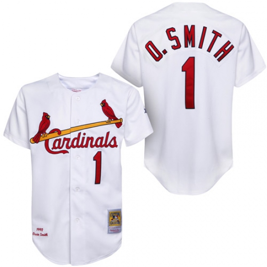 Men's Mitchell and Ness 1992 St. Louis Cardinals 1 Ozzie Smith Authentic White Throwback MLB Jersey