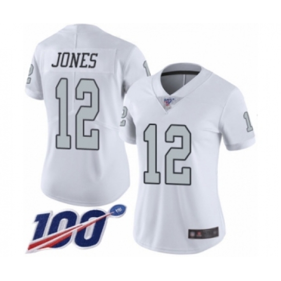 Women's Oakland Raiders 12 Zay Jones Limited White Rush Vapor Untouchable 100th Season Football Jersey