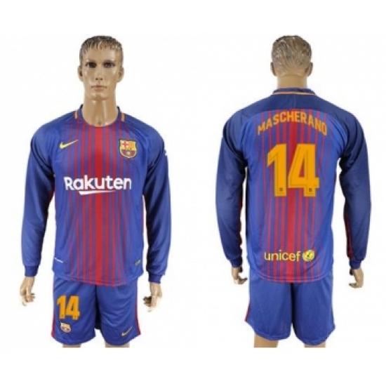 Barcelona 14 Mascherano Home Long Sleeves Soccer Club Jersey