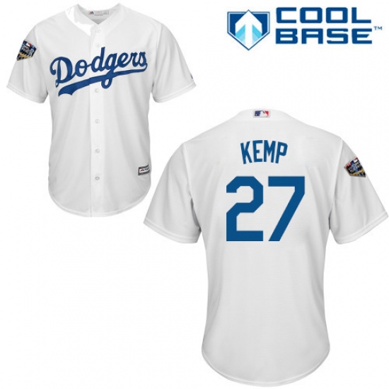 Youth Majestic Los Angeles Dodgers 27 Matt Kemp Authentic White Home Cool Base 2018 World Series MLB Jersey