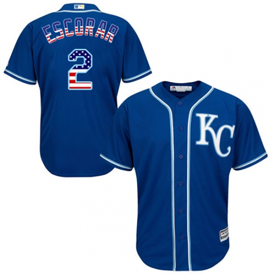 Men's Majestic Kansas City Royals 2 Alcides Escobar Authentic Royal Blue USA Flag Fashion MLB Jersey
