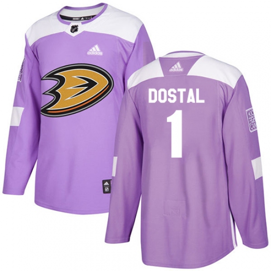 Men's Adidas Anaheim Ducks 1 Lukas Dostal Authentic Purple Fights Cancer Practice NHL Jersey