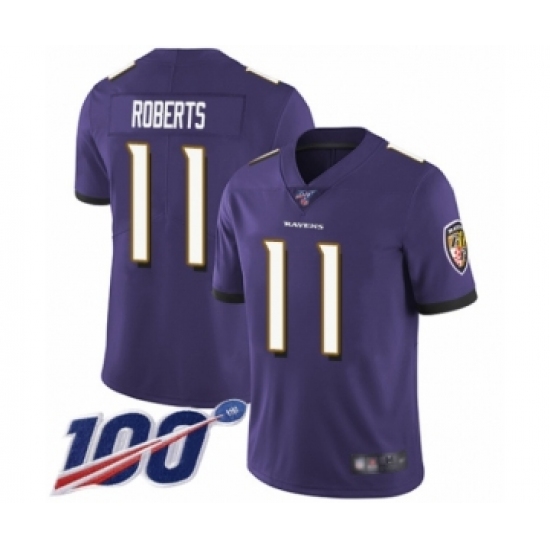 Men's Baltimore Ravens 11 Seth Roberts Purple Team Color Vapor Untouchable Limited Player 100th Season Football Jersey