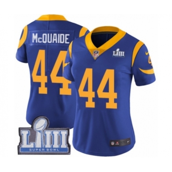 Women's Nike Los Angeles Rams 44 Jacob McQuaide Royal Blue Alternate Vapor Untouchable Limited Player Super Bowl LIII Bound NFL Jersey