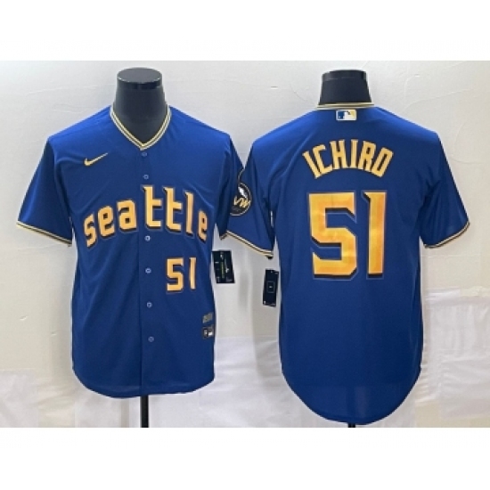 Men's Seattle Mariners 51 Ichiro Suzuki Number Blue 2023 City Connect Cool Base Stitched Jersey