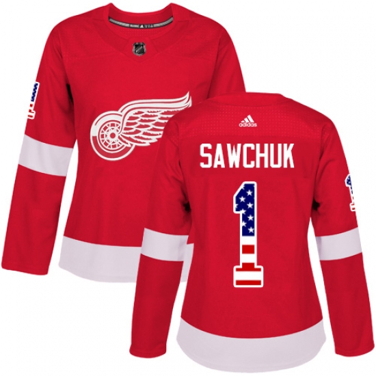 Women's Adidas Detroit Red Wings 1 Terry Sawchuk Authentic Red USA Flag Fashion NHL Jersey