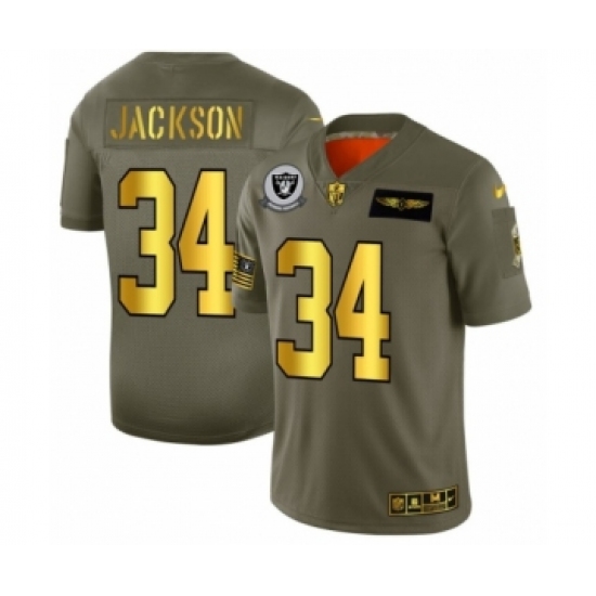 Men's Oakland Raiders 34 Bo Jackson Limited Olive Gold 2019 Salute to Service Football Jersey