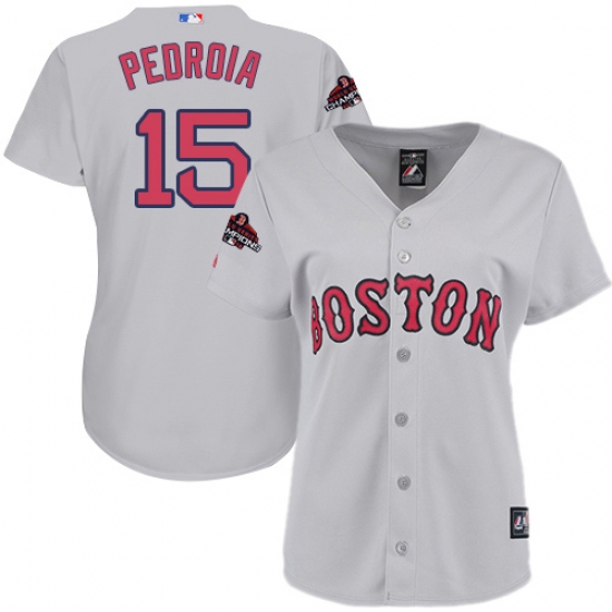 Women's Majestic Boston Red Sox 15 Dustin Pedroia Authentic Grey 2018 World Series Champions MLB Jersey