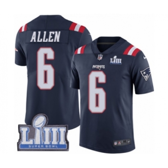 Youth Nike New England Patriots 6 Ryan Allen Limited Navy Blue Rush Vapor Untouchable Super Bowl LIII Bound NFL Jersey