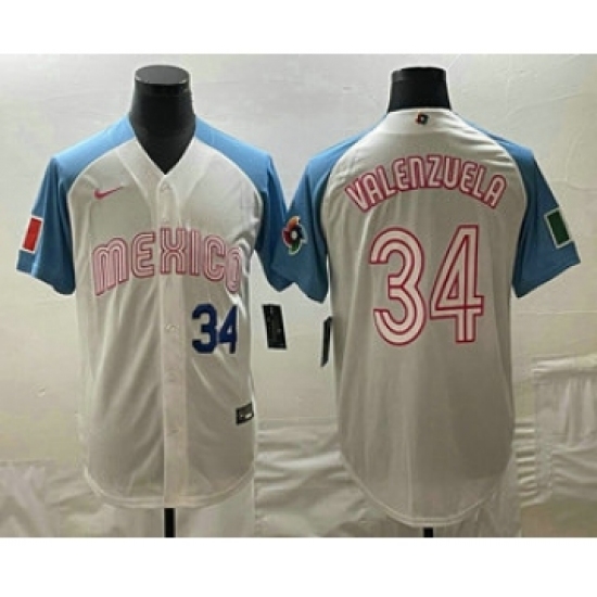 Men's Mexico Baseball 34 Fernando Valenzuela Number 2023 White Blue World Classic Stitched Jerseys