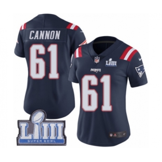 Women's Nike New England Patriots 61 Marcus Cannon Limited Navy Blue Rush Vapor Untouchable Super Bowl LIII Bound NFL Jersey