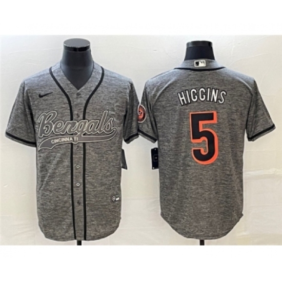 Men's Cincinnati Bengals 5 Tee Higgins Gray Cool Base Stitched Baseball Jersey
