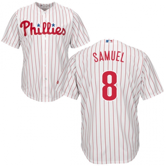 Youth Majestic Philadelphia Phillies 8 Juan Samuel Authentic White/Red Strip Home Cool Base MLB Jersey