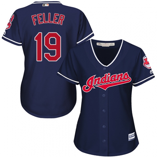 Women's Majestic Cleveland Indians 19 Bob Feller Authentic Navy Blue Alternate 1 Cool Base MLB Jersey