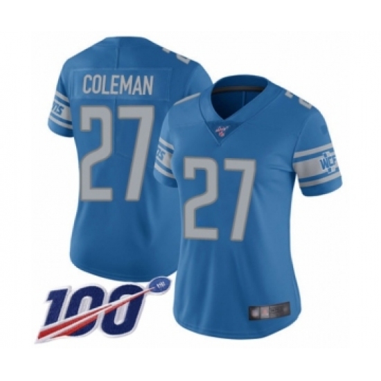 Women's Detroit Lions 27 Justin Coleman Blue Team Color Vapor Untouchable Limited Player 100th Season Football Jersey