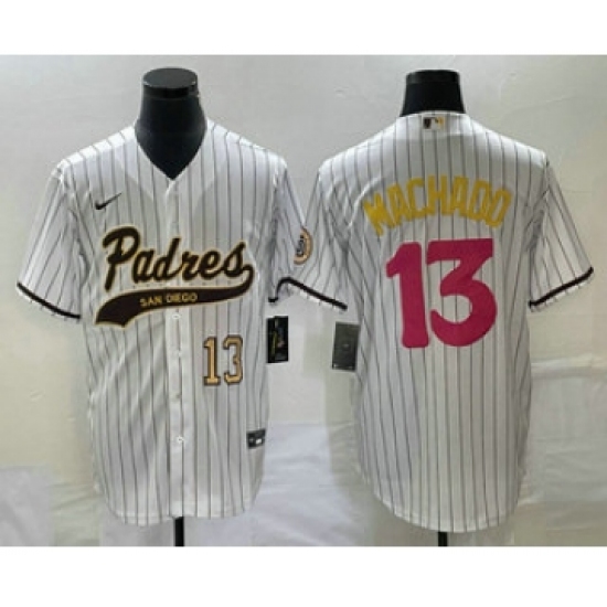 Men's San Diego Padres 13 Manny Machado Number White Pinstripe 2023 City Connect Cool Base Stitched Jersey