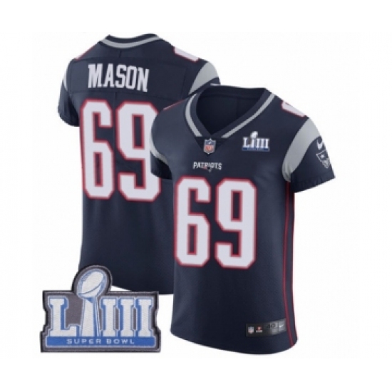 Men's Nike New England Patriots 69 Shaq Mason Navy Blue Team Color Vapor Untouchable Elite Player Super Bowl LIII Bound NFL Jersey