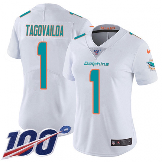 Women's Miami Dolphins 1 Tua Tagovailoa White Stitched 100th Season Vapor Untouchable Limited Jersey