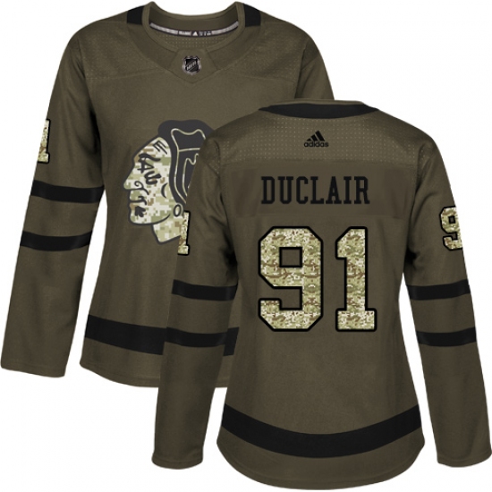 Women's Adidas Chicago Blackhawks 91 Anthony Duclair Authentic Green Salute to Service NHL Jersey