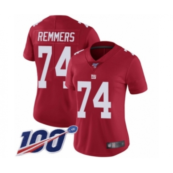 Women's New York Giants 74 Mike Remmers Red Limited Red Inverted Legend 100th Season Football Jersey