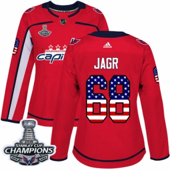 Women's Adidas Washington Capitals 68 Jaromir Jagr Authentic Red USA Flag Fashion 2018 Stanley Cup Final Champions NHL Jersey