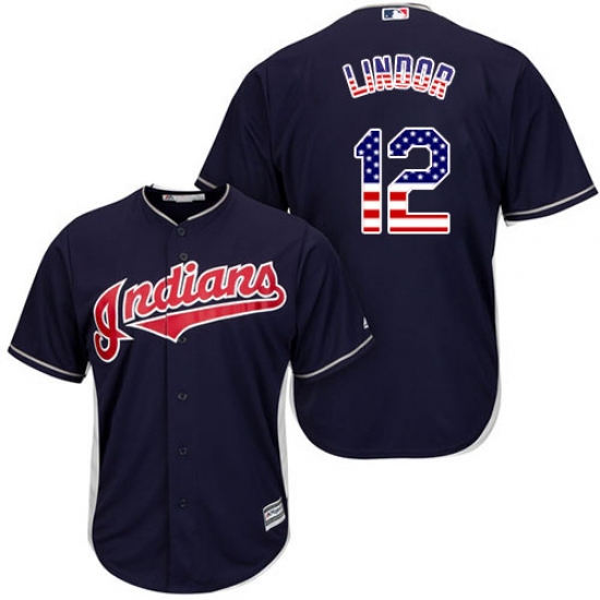 Men's Majestic Cleveland Indians 12 Francisco Lindor Authentic Navy Blue USA Flag Fashion MLB Jersey
