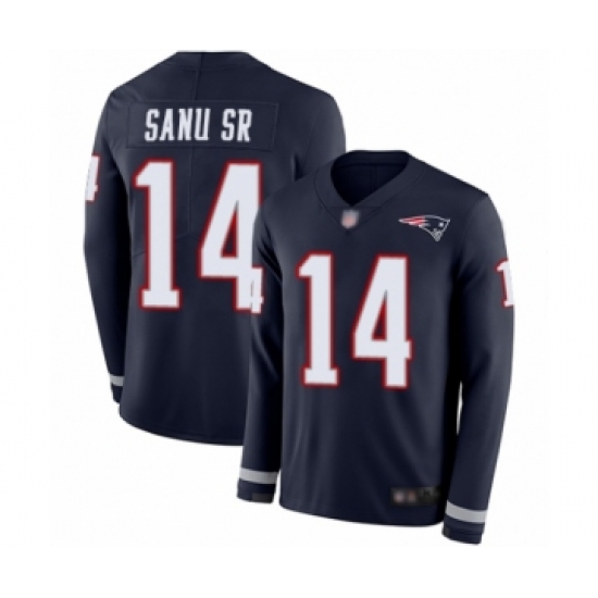 Men's New England Patriots 14 Mohamed Sanu Sr Limited Navy Blue Therma Long Sleeve Football Jersey