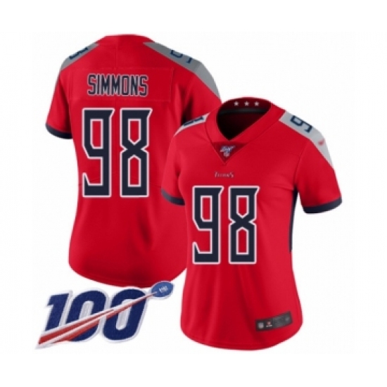 Women's Tennessee Titans 98 Jeffery Simmons Limited Red Inverted Legend 100th Season Football Jersey