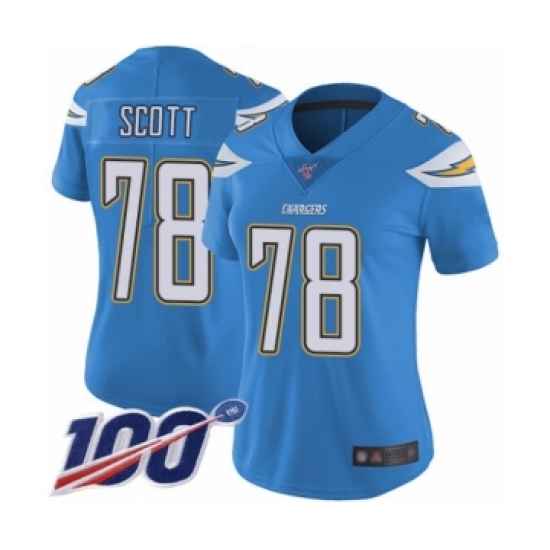 Women's Los Angeles Chargers 78 Trent Scott Electric Blue Alternate Vapor Untouchable Limited Player 100th Season Football Jersey