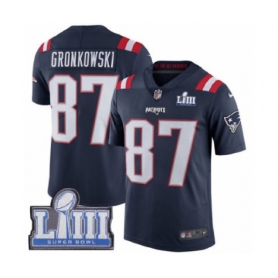 Men's Nike New England Patriots 87 Rob Gronkowski Limited Navy Blue Rush Vapor Untouchable Super Bowl LIII Bound NFL Jersey