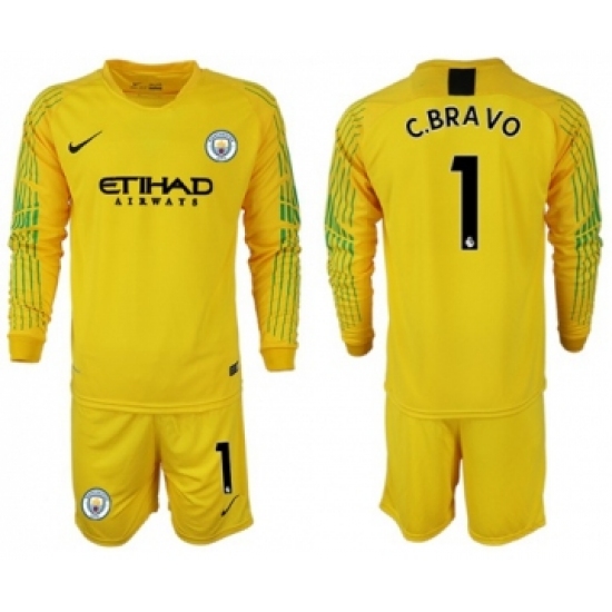 Manchester City 1 C.Bravo Yellow Goalkeeper Long Sleeves Soccer Club Jersey