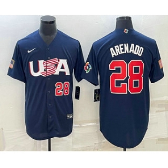 Men's USA Baseball 28 Nolan Arenado Number 2023 Navy World Baseball Classic Stitched Jersey