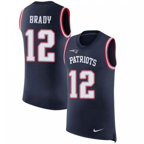 Men's Nike New England Patriots 12 Tom Brady Limited Navy Blue Rush Player Name & Number Tank Top NFL Jersey