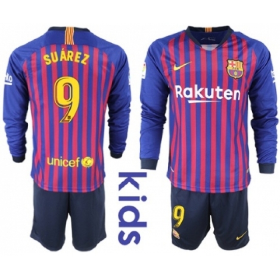 Barcelona 9 Suarez Home Long Sleeves Kid Soccer Club Jersey