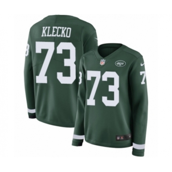 Women's Nike New York Jets 73 Joe Klecko Limited Green Therma Long Sleeve NFL Jersey