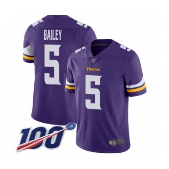 Men's Minnesota Vikings 5 Dan Bailey Purple Team Color Vapor Untouchable Limited Player 100th Season Football Jersey