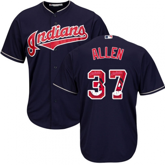 Men's Majestic Cleveland Indians 37 Cody Allen Authentic Navy Blue Team Logo Fashion Cool Base MLB Jersey