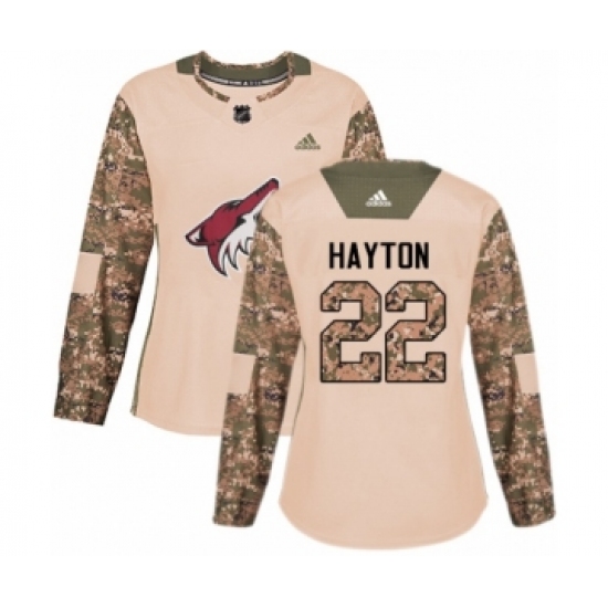 Women's Adidas Arizona Coyotes 22 Barrett Hayton Authentic Camo Veterans Day Practice NHL Jersey