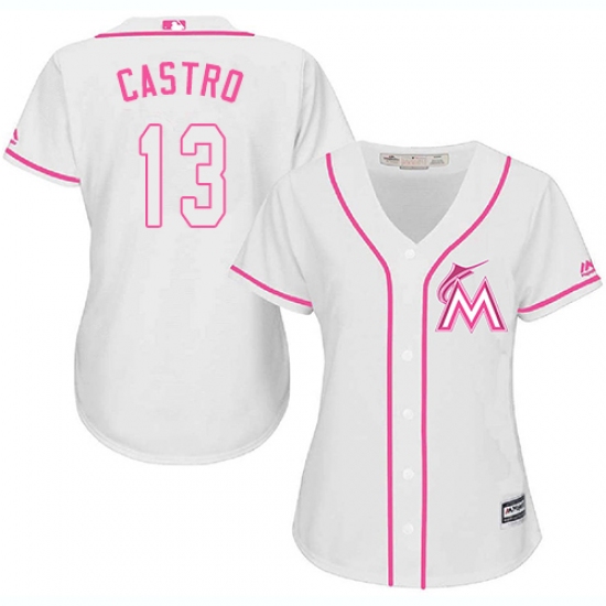 Women's Majestic Miami Marlins 13 Starlin Castro Authentic White Fashion Cool Base MLB Jersey