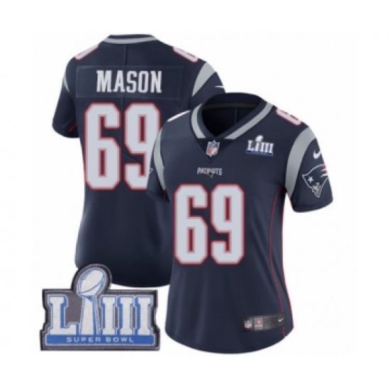 Women's Nike New England Patriots 69 Shaq Mason Navy Blue Team Color Vapor Untouchable Limited Player Super Bowl LIII Bound NFL Jersey