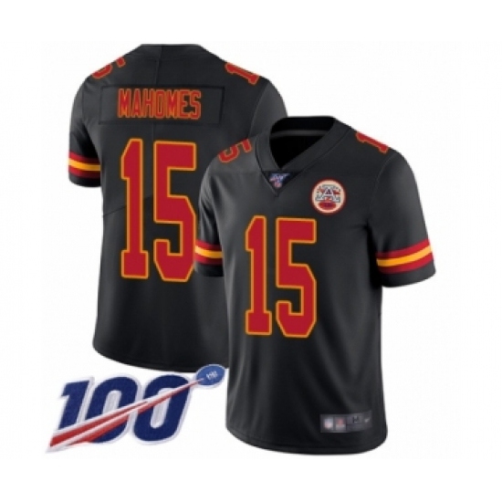 Men's Nike Kansas City Chiefs 15 Patrick Mahomes Limited Black Rush Vapor Untouchable 100th Season NFL Jersey