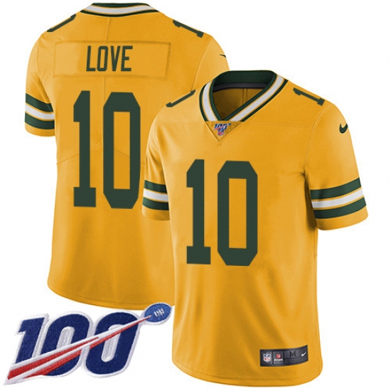 Youth Green Bay Packers 10 Jordan Love Yellow Stitched NFL Limited Rush 100th Season Jersey